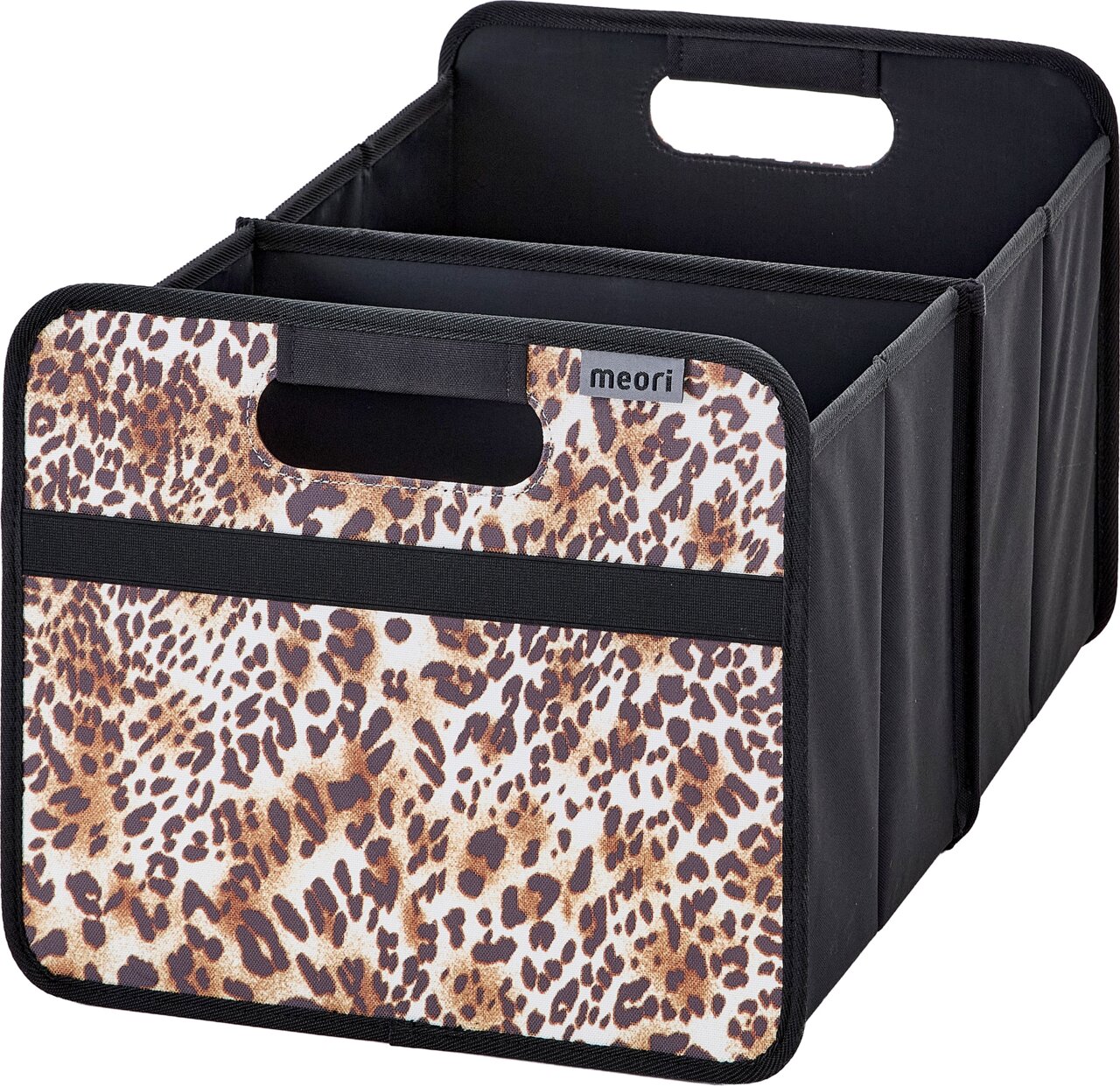 Meori Faltbox L Faltbare Aufbewahrungsbox/Organizer von meori mit Tragegriffen, schwarzem Korpus und Leopardenmuster-Front, schräg von vorne links in leicht erhöhter Perspektive fotografiert.