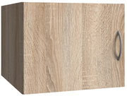 Holzfarbener Schrankaufsatz mit Tür und Griff, seitliche Perspektive