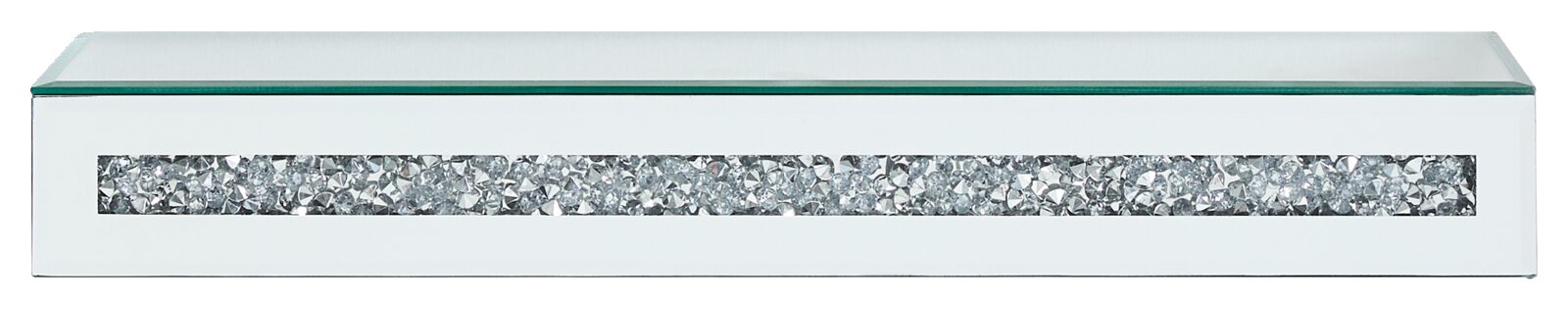 Moderne wandplank met glazen oppervlak en decoratief glitterelement, vooraanzicht