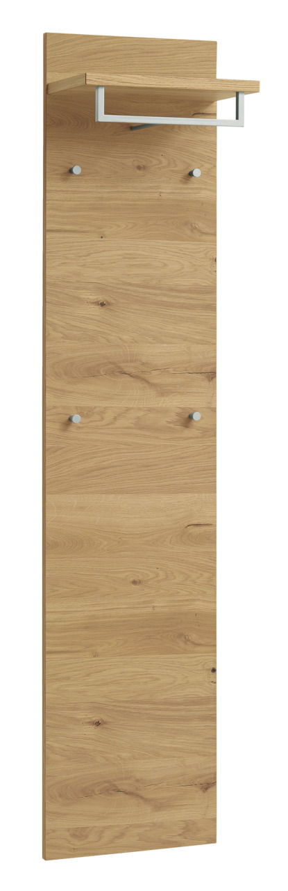 Garderobenpaneel aus Holz mit mehreren Haken und einer Ablage, seitliche Perspektive