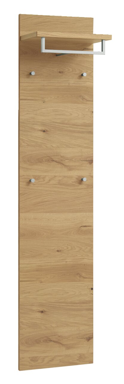 Garderobenpaneel aus Holz mit mehreren Haken und einer Ablage, seitliche Perspektive