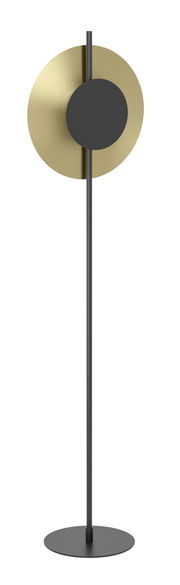 Moderne Stehleuchte TOCINA mit schwarzem Ständer und goldener Scheibe, frontal abgebildet.
