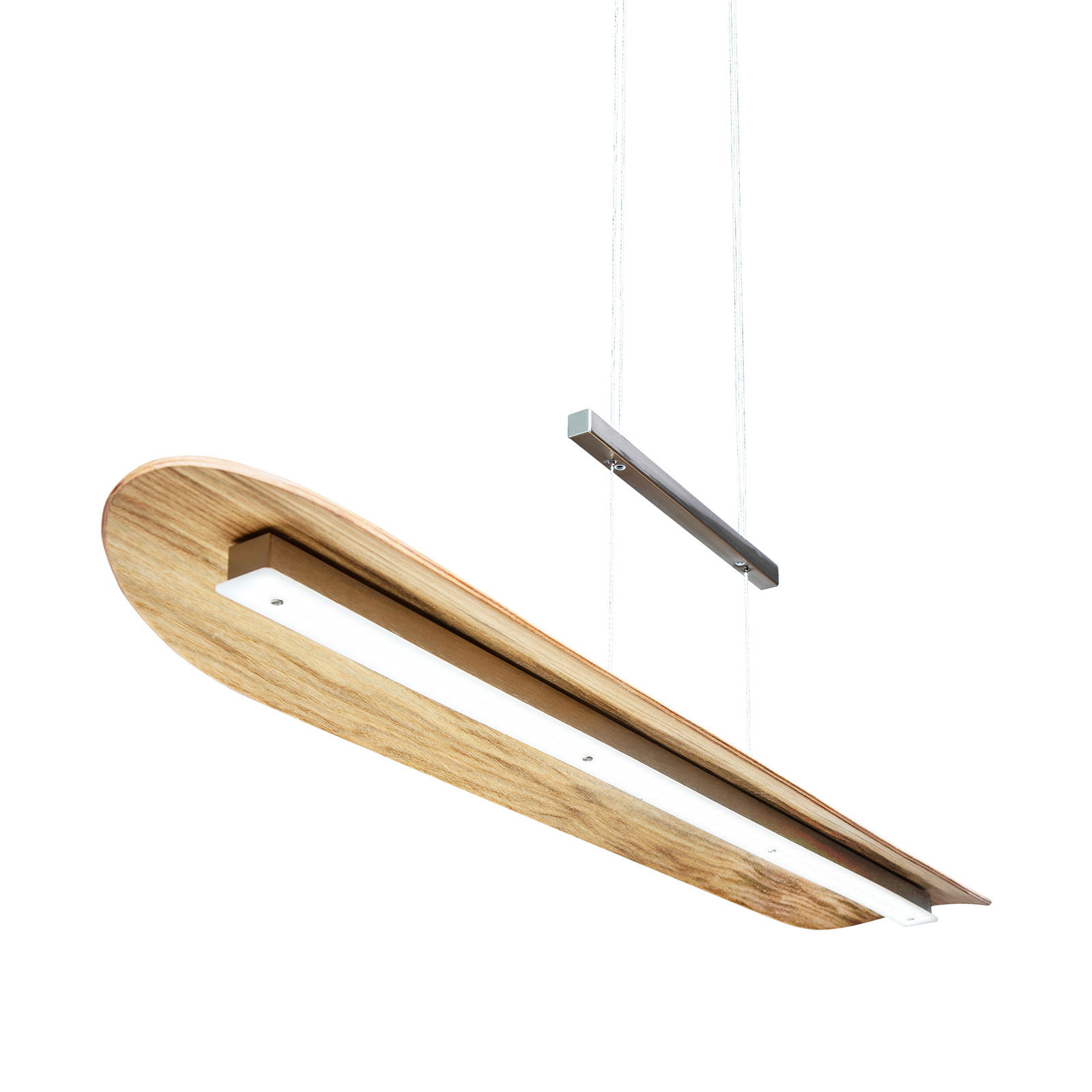 Moderne LED-Pendelleuchte aus Holz, seitliche Perspektive