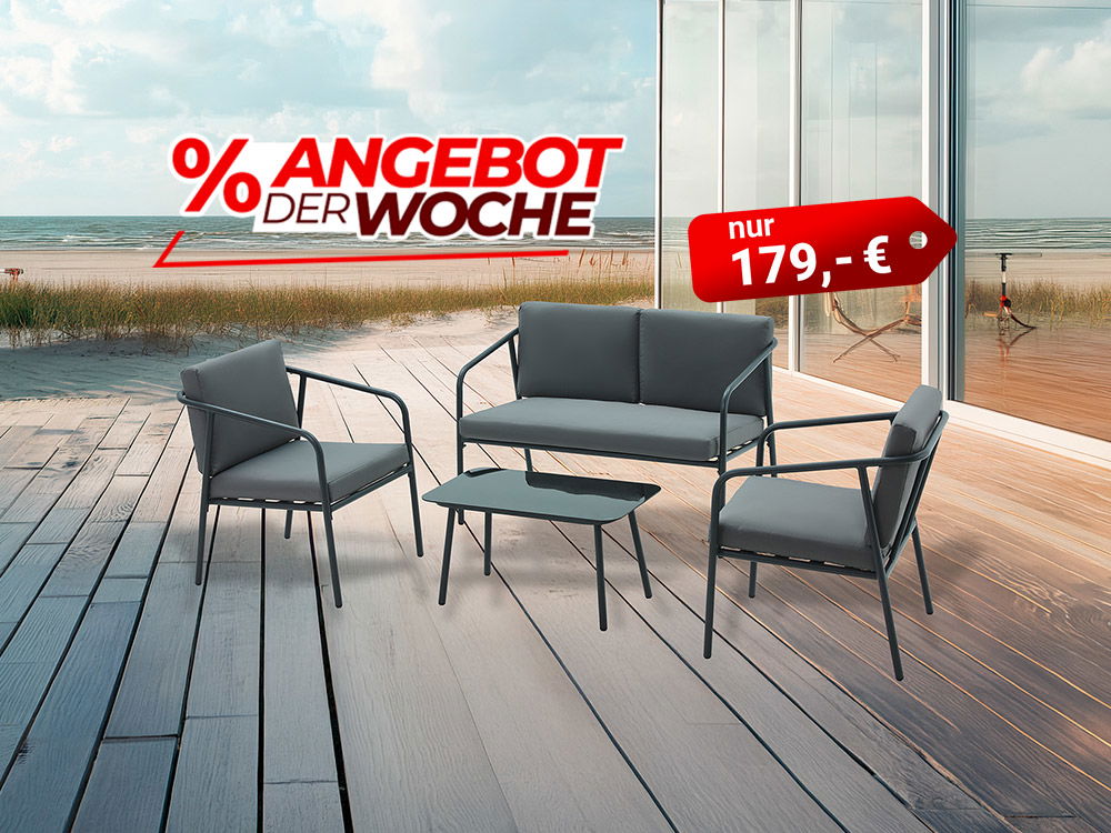 Gartenlounge mit Sofa, zwei Sesseln und Tisch auf Terrasse am Strand, Angebot der Woche für 179 €