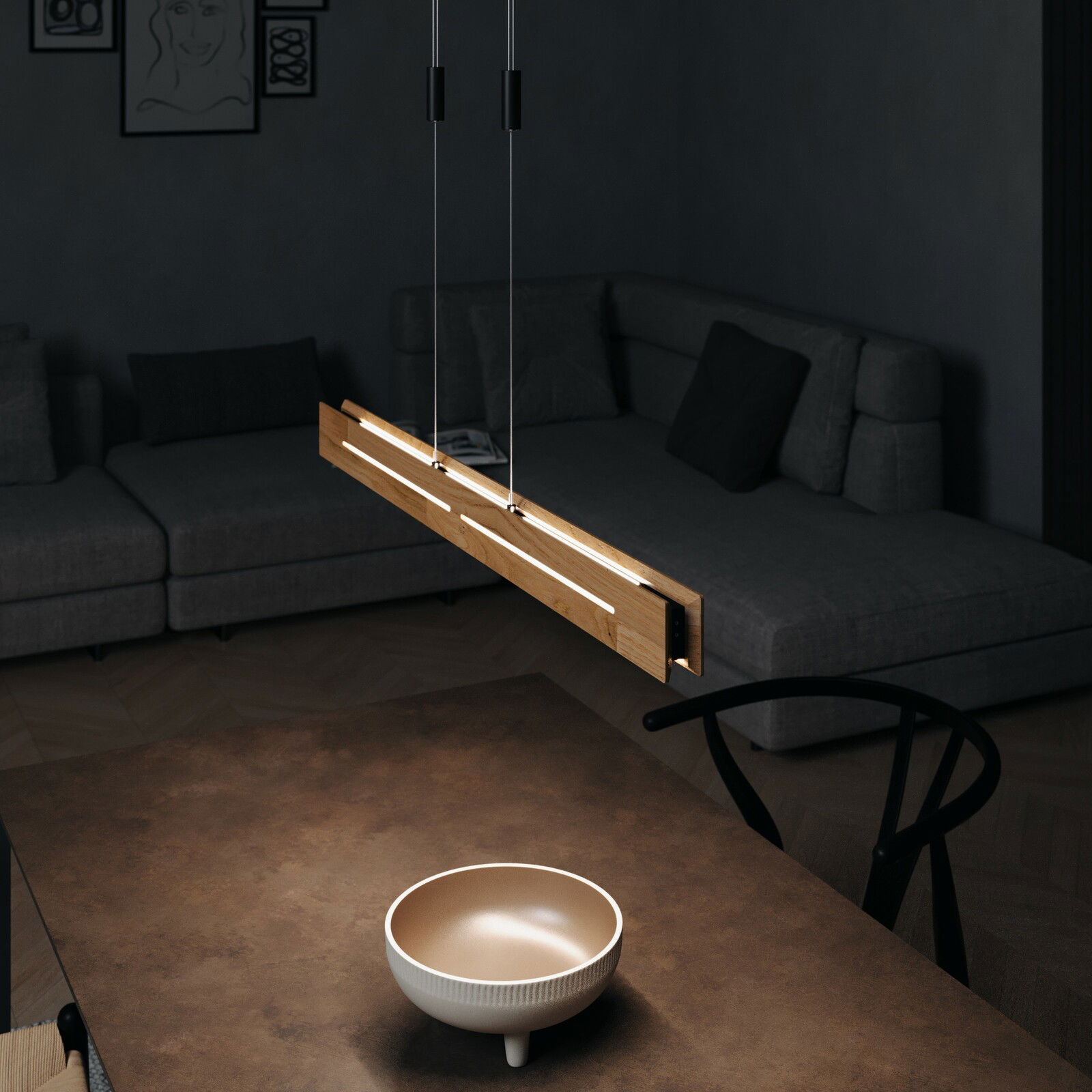 Zurbrüggen LED-Pendelleuchte MEXICO PLUS XS Moderne LED-Pendelleuchte aus Holz, hängend über einem Tisch in einem stilvoll eingerichteten Wohnzimmer, seitliche Perspektive.