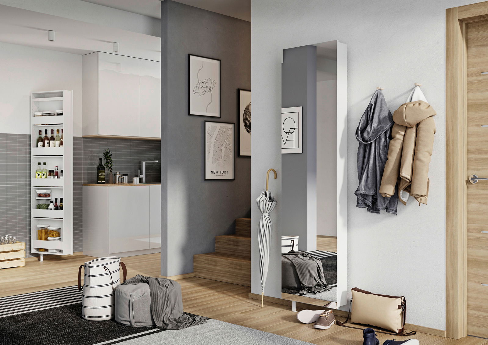 XORA Drehschuhschrank PUSH Moderner Drehschuhschrank in einem stilvollen Flur, mit Spiegel und Haken für Jacken, aus der Perspektive von vorne rechts.