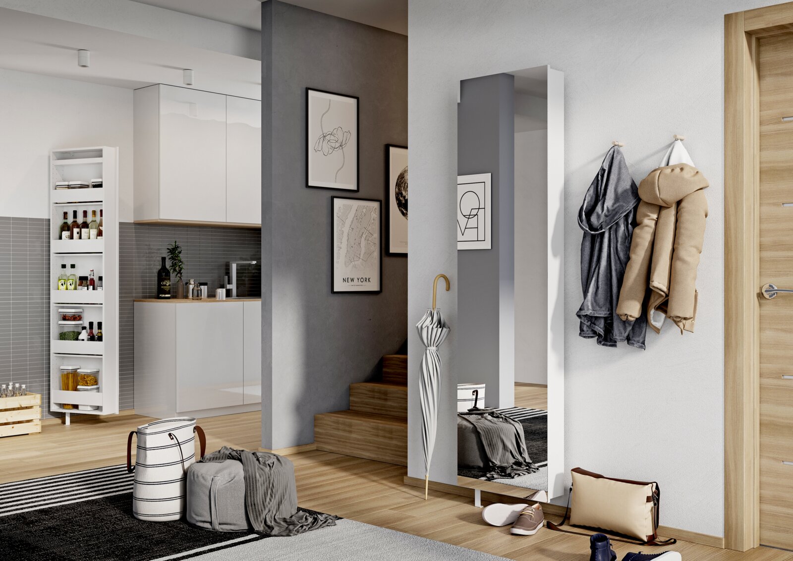 Moderner Drehschuhschrank in einem stilvollen Flur, mit Spiegel und Haken für Jacken, aus der Perspektive von vorne rechts.