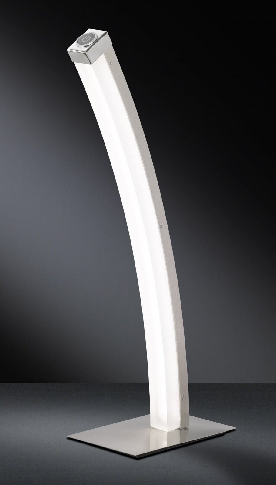Moderne LED-Tischleuchte mit gebogenem Design, seitliche Perspektive