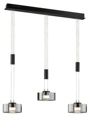 Moderne dreifache Pendelleuchte Lavin von Fischer & Honsel mit zylindrischen, transparenten Lampenschirmen, von vorne betrachtet.