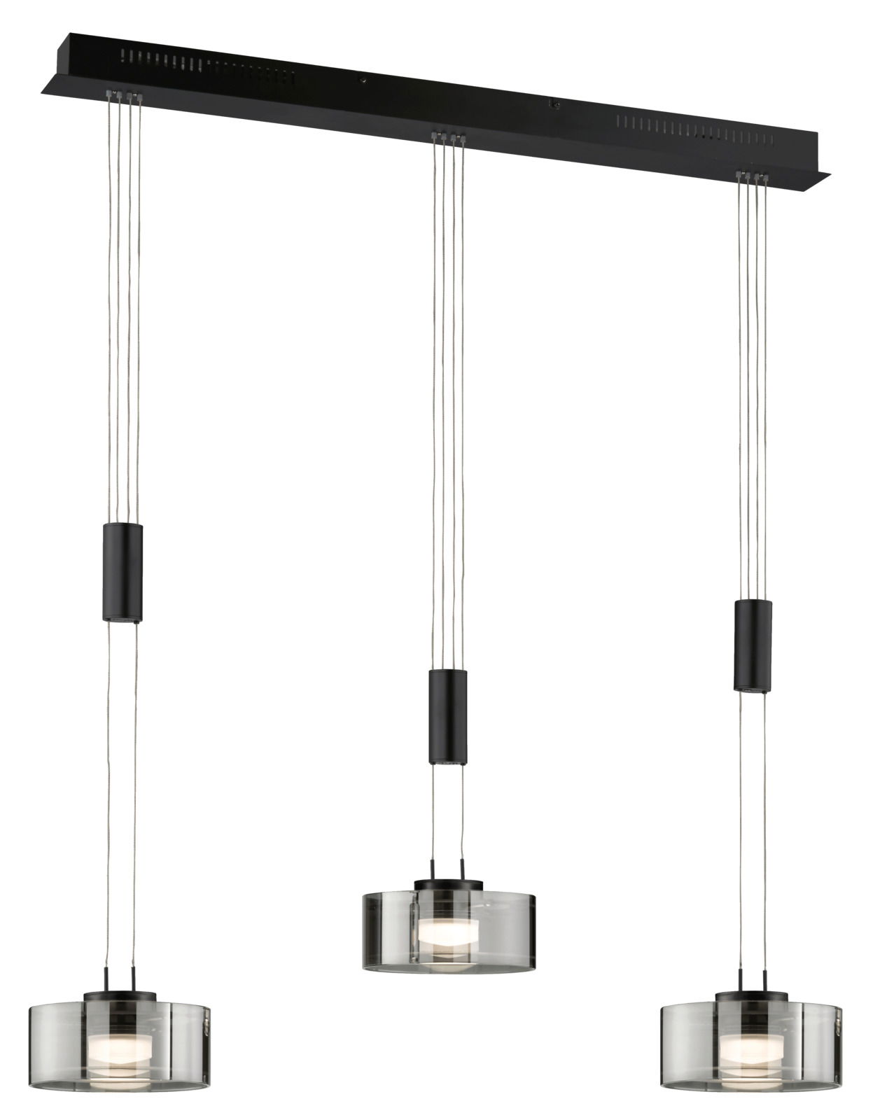 Moderne dreifache Pendelleuchte Lavin von Fischer & Honsel mit zylindrischen, transparenten Lampenschirmen, von vorne betrachtet.