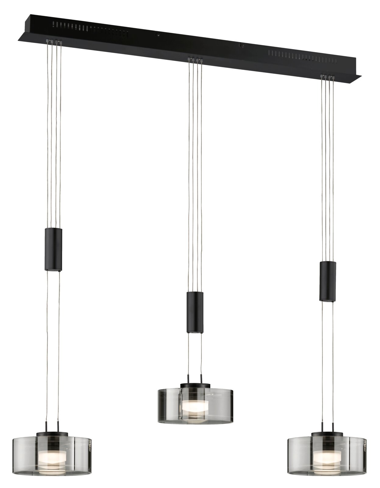 Moderne dreifache Pendelleuchte Lavin von Fischer & Honsel mit zylindrischen, transparenten Lampenschirmen, von vorne betrachtet.