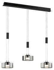 Moderne dreifache Pendelleuchte Lavin von Fischer & Honsel mit zylindrischen, transparenten Lampenschirmen, von vorne betrachtet.