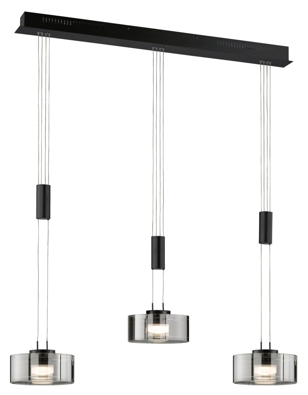 Fischer & Honsel Pendelleuchte LAVIN Moderne dreifache Pendelleuchte Lavin von Fischer & Honsel mit zylindrischen, transparenten Lampenschirmen, von vorne betrachtet.