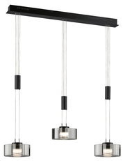 Moderne dreifache Pendelleuchte Lavin von Fischer & Honsel mit zylindrischen, transparenten Lampenschirmen, von vorne betrachtet.