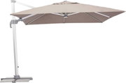 Zijaanzicht van een beige parasol met een stevig metalen frame en een vierkante voet.