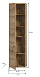 Hochschrank aus Holz mit fünf offenen Fächern, teilweise mit Tür verdeckt, in Frontalansicht. Maße: 164 cm hoch, 44 cm breit, 32 cm tief.