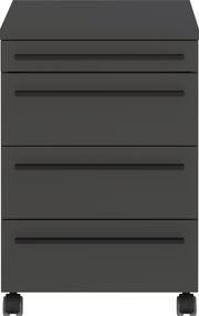 Schwarzer Rollcontainer mit vier Schubladen, frontal betrachtet.