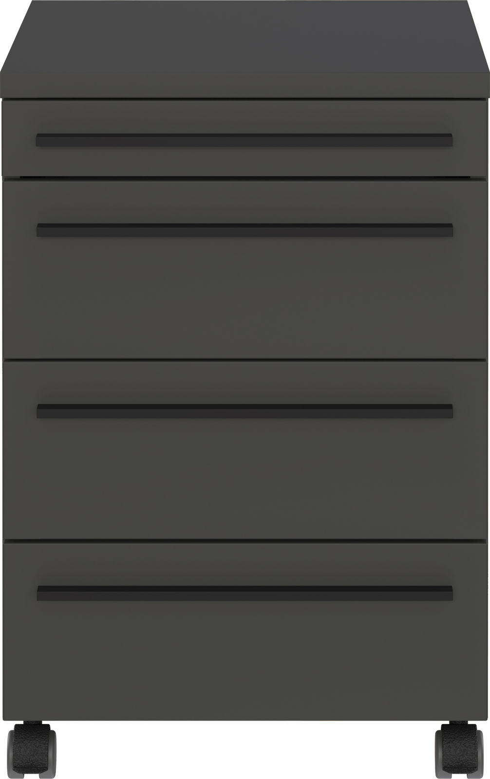 Schwarzer Rollcontainer mit vier Schubladen, frontal betrachtet.