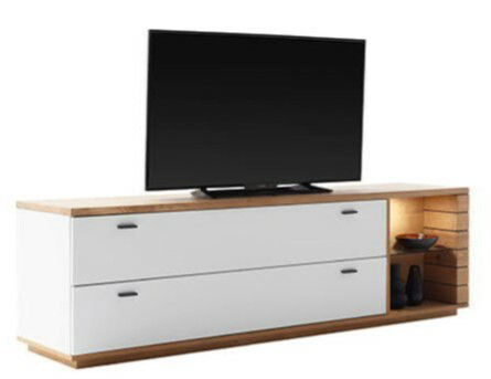 TV-Lowboard MANITOBA in moderner Frontansicht mit zwei Schubladen und seitlichem Regal, dekoriert mit Vasen.