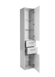 Weißer Hochschrank mit offenen Türen und Schubladen, seitliche Perspektive