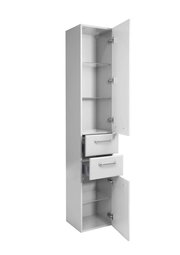 Weißer Hochschrank mit offenen Türen und Schubladen, seitliche Perspektive