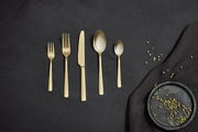 Goldenes Besteckset Sunset 30-tlg. aus der Vogelperspektive auf dunklem Hintergrund mit Pfefferkörnern.