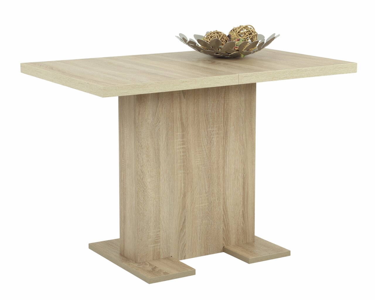 Moderner Esstisch aus hellem Holz mit zentralem Standfuß, seitliche Perspektive