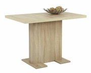 Moderner Esstisch aus hellem Holz mit zentralem Standfuß, seitliche Perspektive