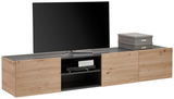 TV-Hängelowboard aus Holz mit zwei Schubladen und offenem Fach, frontal betrachtet, mit Fernseher und Dekoration.