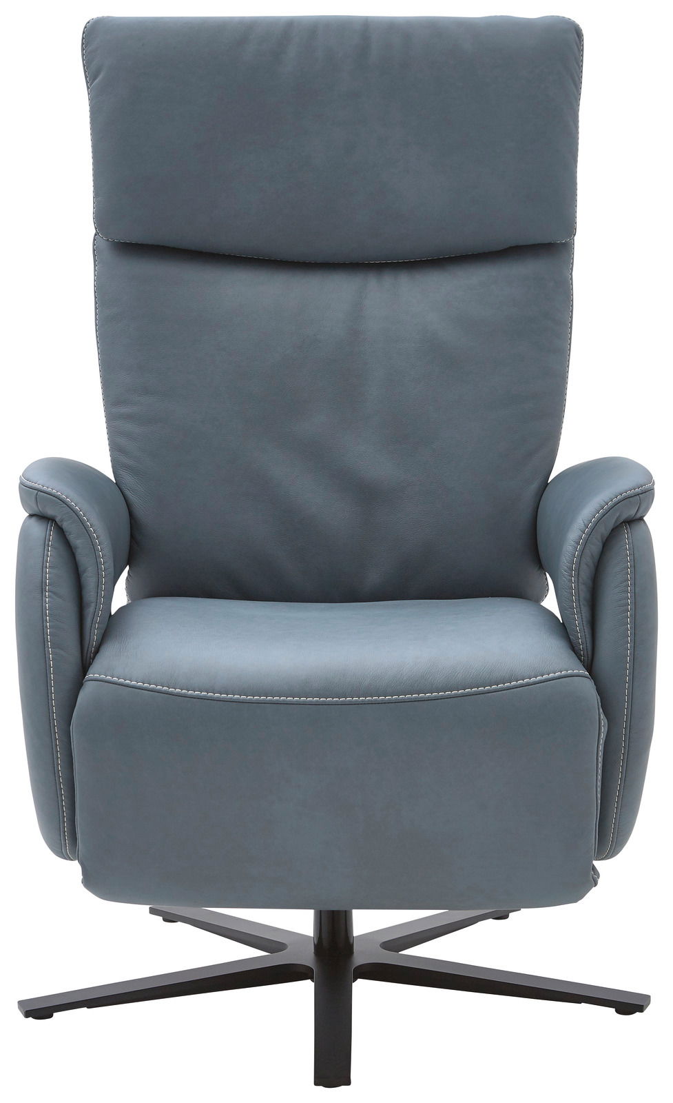 Moderner blauer Fernsehsessel mit hoher Rückenlehne und Armlehnen, Frontalansicht