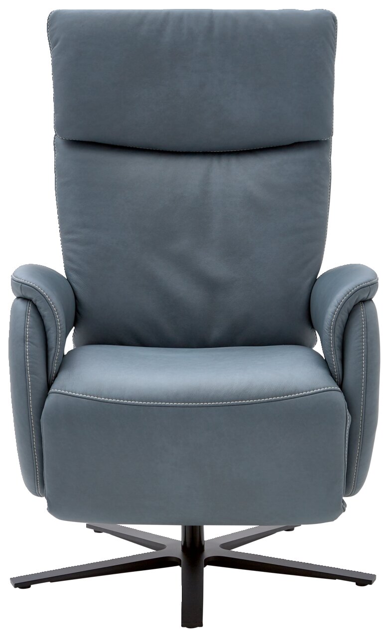 Moderner blauer Fernsehsessel mit hoher Rückenlehne und Armlehnen, Frontalansicht