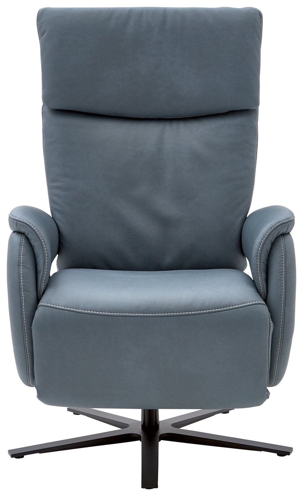 Moderner blauer Fernsehsessel mit hoher Rückenlehne und Armlehnen, Frontalansicht