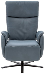 Moderner blauer Fernsehsessel mit hoher Rückenlehne und Armlehnen, Frontalansicht