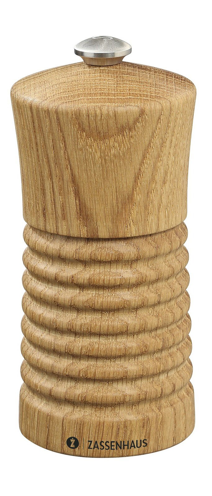 Salzmühle aus Eichenholz, 13 cm hoch, mit geriffeltem Design und Metallknopf, Vorderansicht