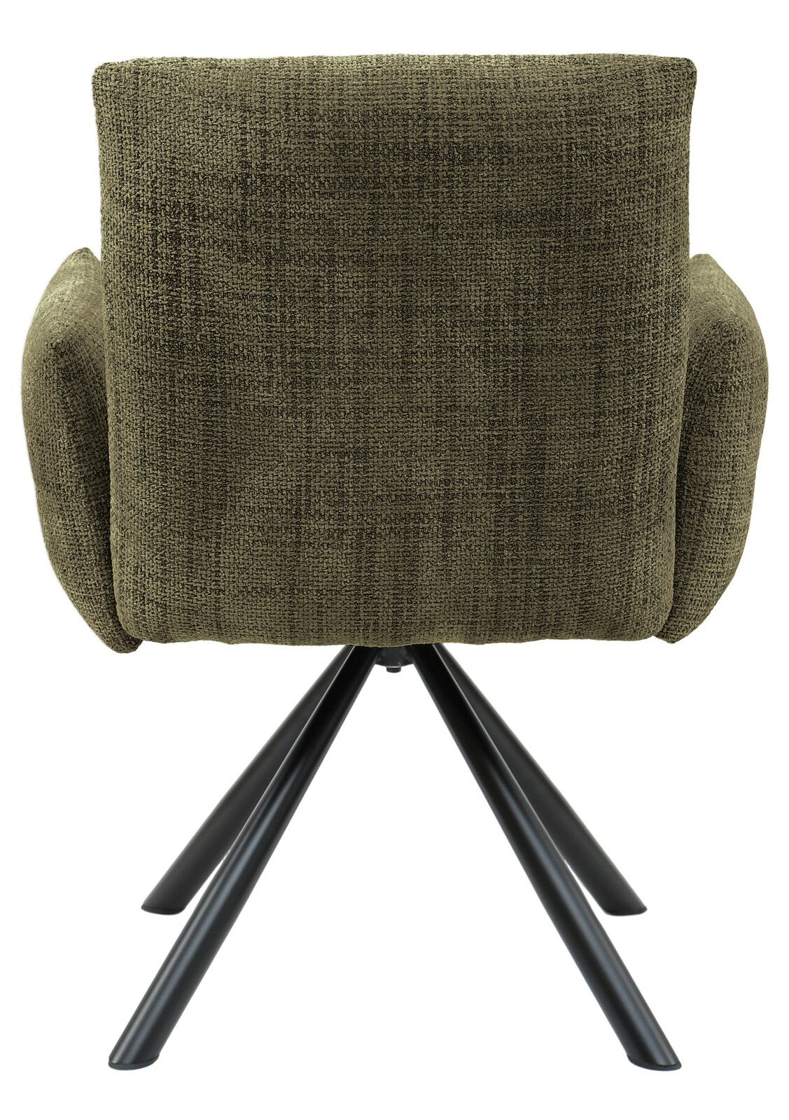 Hom´in Armlehnstuhl JEREMIE Rückansicht eines Armlehnstuhls mit olivgrünem Stoffbezug und schwarzen Metallbeinen.