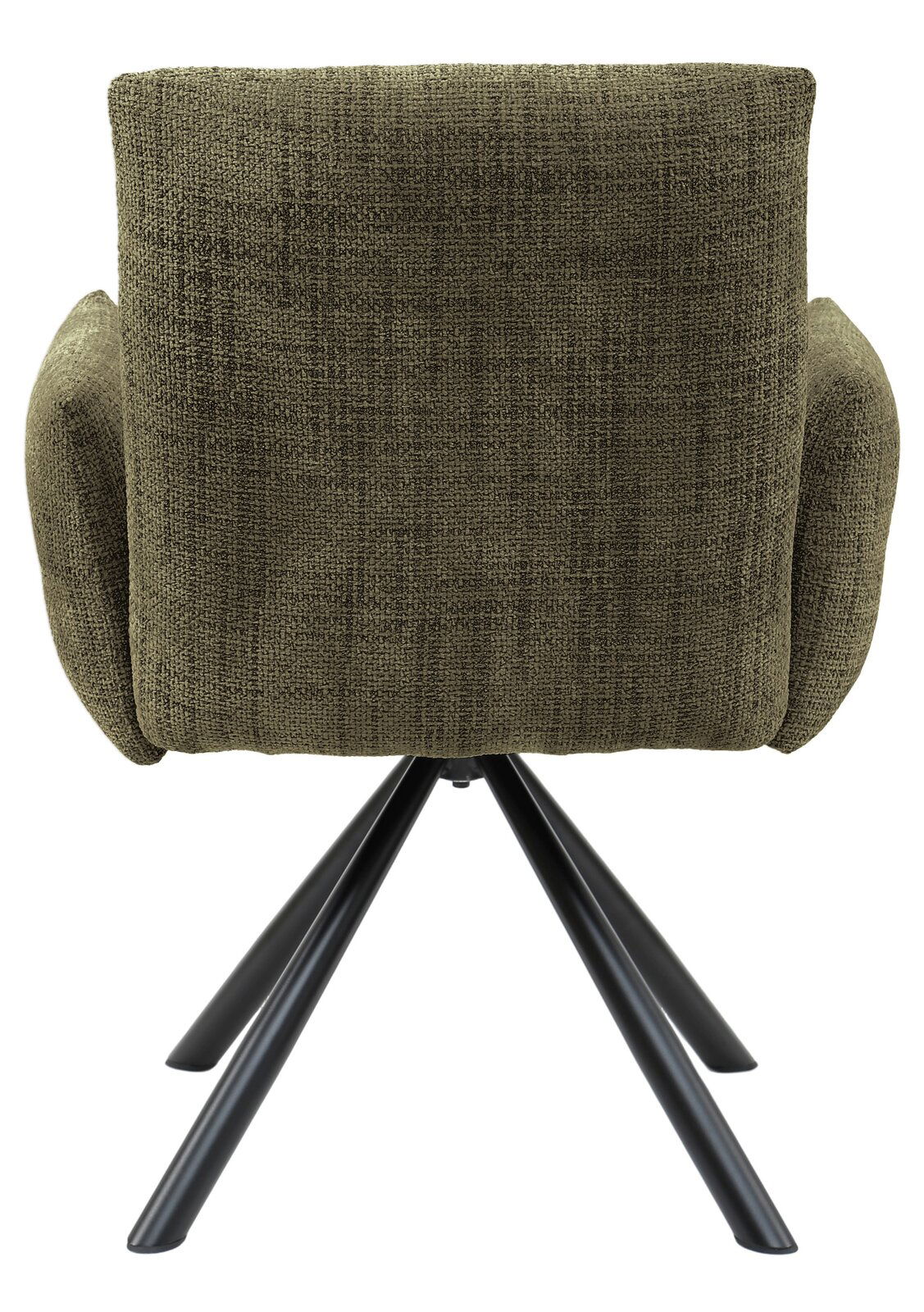 Hom´in Armlehnstuhl JEREMIE Rückansicht eines Armlehnstuhls mit olivgrünem Stoffbezug und schwarzen Metallbeinen.