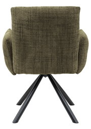 Rückansicht eines Armlehnstuhls mit olivgrünem Stoffbezug und schwarzen Metallbeinen.