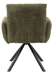 Rückansicht eines Armlehnstuhls mit olivgrünem Stoffbezug und schwarzen Metallbeinen.