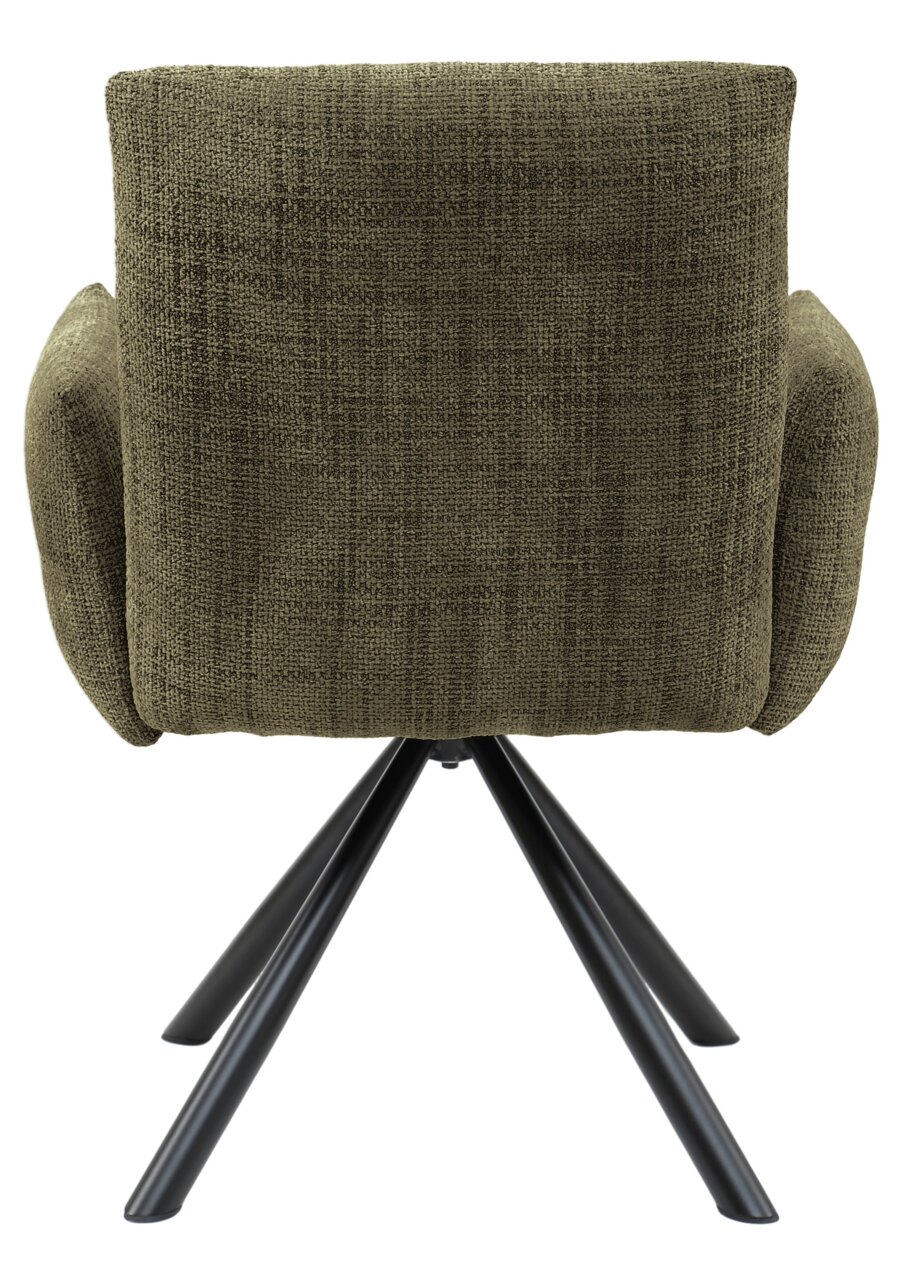 Hom´in Fauteuil JEREMIE Achterkant van een fauteuil met olijfgroene stoffen bekleding en zwarte metalen poten.