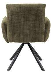 Achterkant van een fauteuil met olijfgroene stoffen bekleding en zwarte metalen poten.