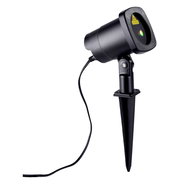 Schwarzer Laser-Projektor für den Außenbereich mit Erdspieß und Stromkabel, schräg von vorne rechts fotografiert