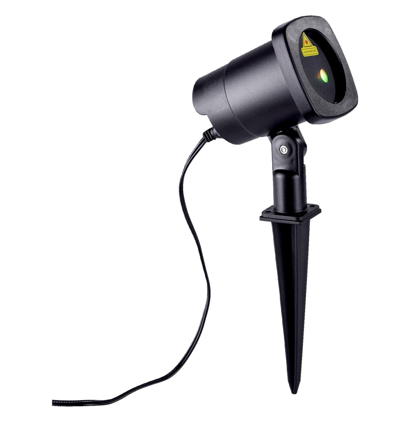 Zwarte laserprojector voor buitengebruik met grondpen en stroomkabel, schuin van rechtsvoor gefotografeerd
