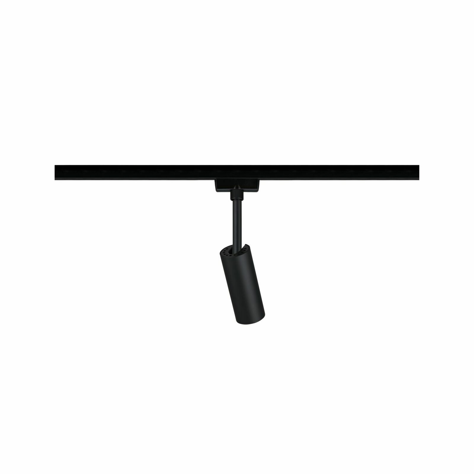 Schwarzer Schienenspot Tubo, seitliche Perspektive, montiert an einer Schiene