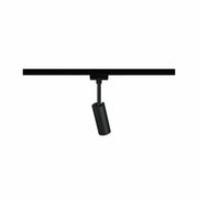 Schwarzer Schienenspot Tubo, seitliche Perspektive, montiert an einer Schiene