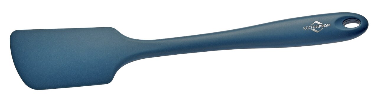 Blauer Teigschaber aus Kunststoff, seitliche Ansicht mit ergonomischem Griff und Aufhängeloch.