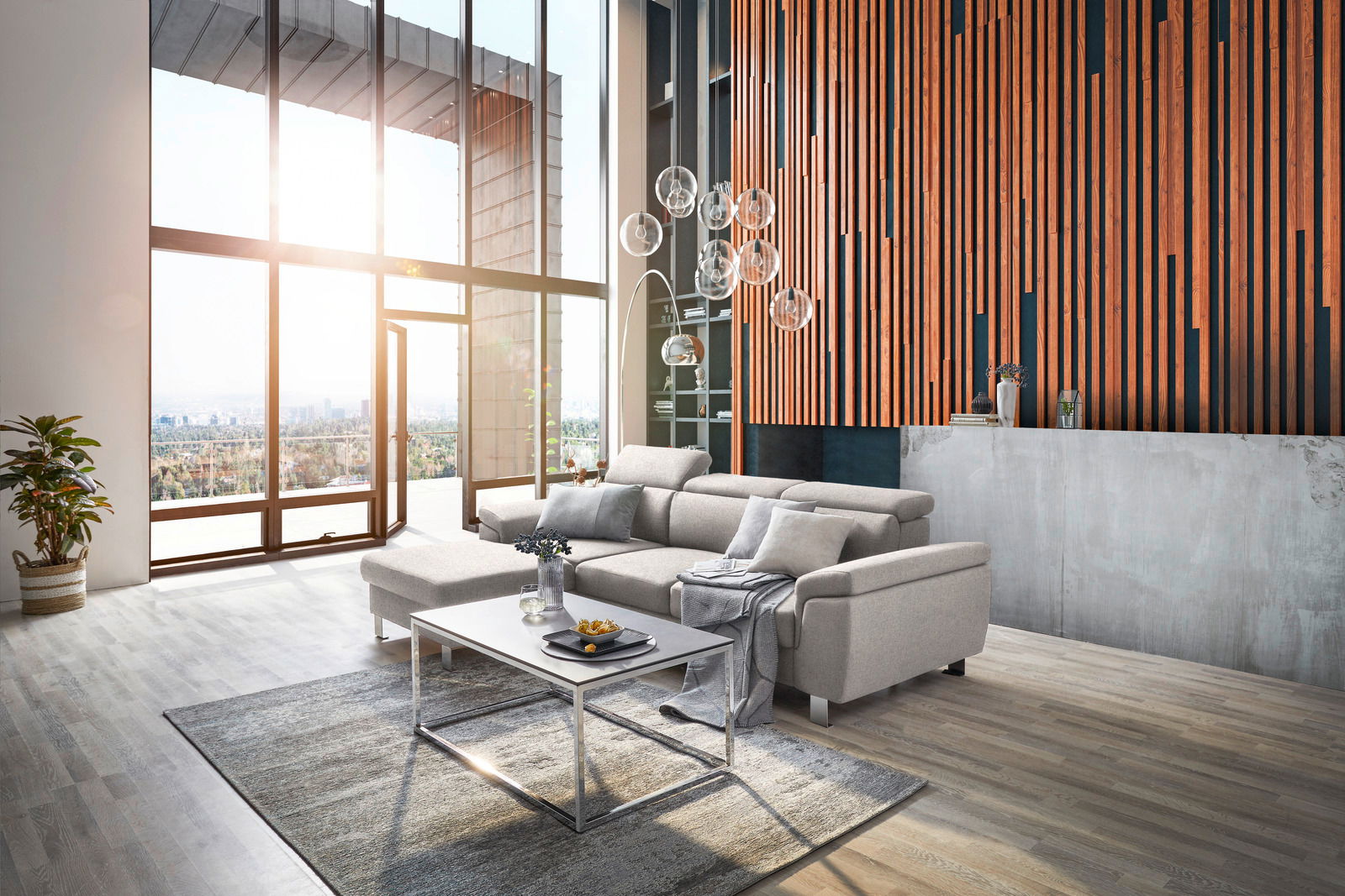 Moderne Rundecke in einem stilvollen Wohnzimmer mit großem Fenster und Holzwand, seitliche Perspektive