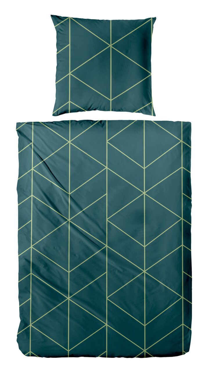 Primera Beddengoed Dunkelgrüne Bettwäsche mit geometrischem Linienmuster in Hellgrün, bestehend aus Deckenbezug und Kissenbezug, Draufsicht