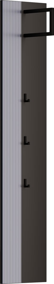 Modernes Garderobenpaneel mit vertikalen Streifen und mehreren Haken, seitliche Perspektive