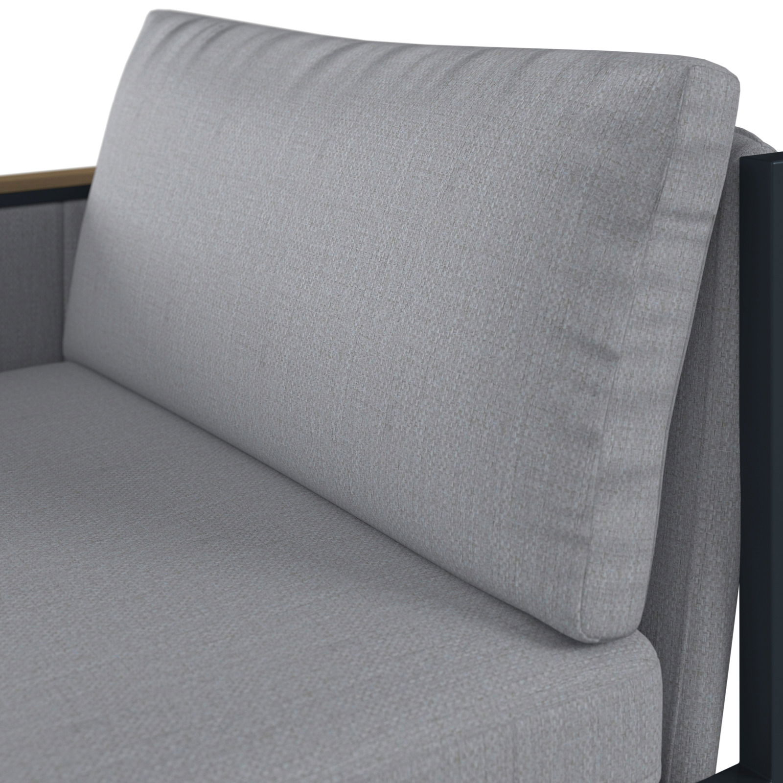 Detailansicht eines Lounge-Sofas mit Armteil links, grauer Stoffbezug, seitliche Perspektive