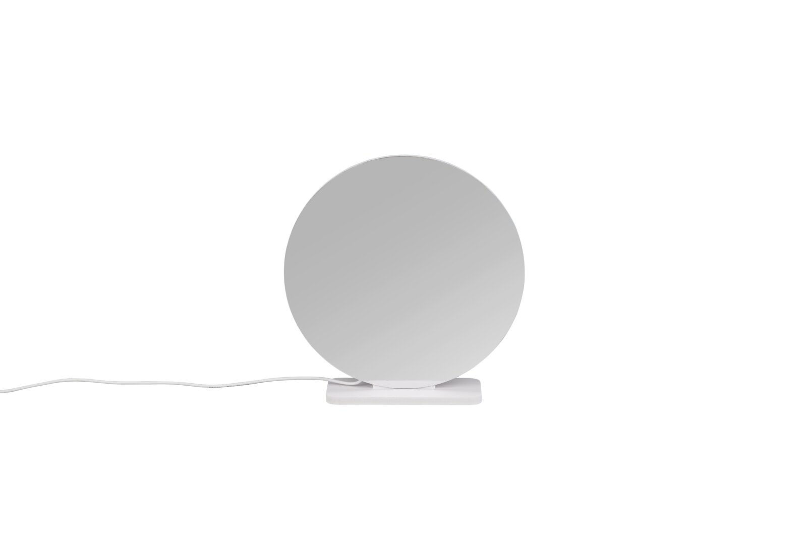 Runder, minimalistischer Tischspiegel mit weißem Standfuß und Kabel auf weißem Hintergrund, Frontansicht.